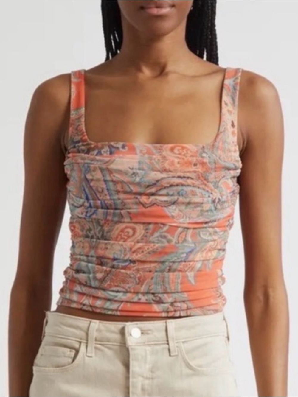 L'AGENCE rasha shirred tank in orange paisley print